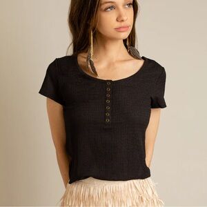 *New* Joyfolie Kalama Henley Washed Black Button-Detail Women's Top